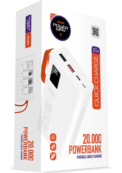 Powerway Pd 22.5W 20.000 Mah 3.0 Hızlı Şarj (Gerçek 20.000 Mah Garantili) QC20 Beyaz Powerbank